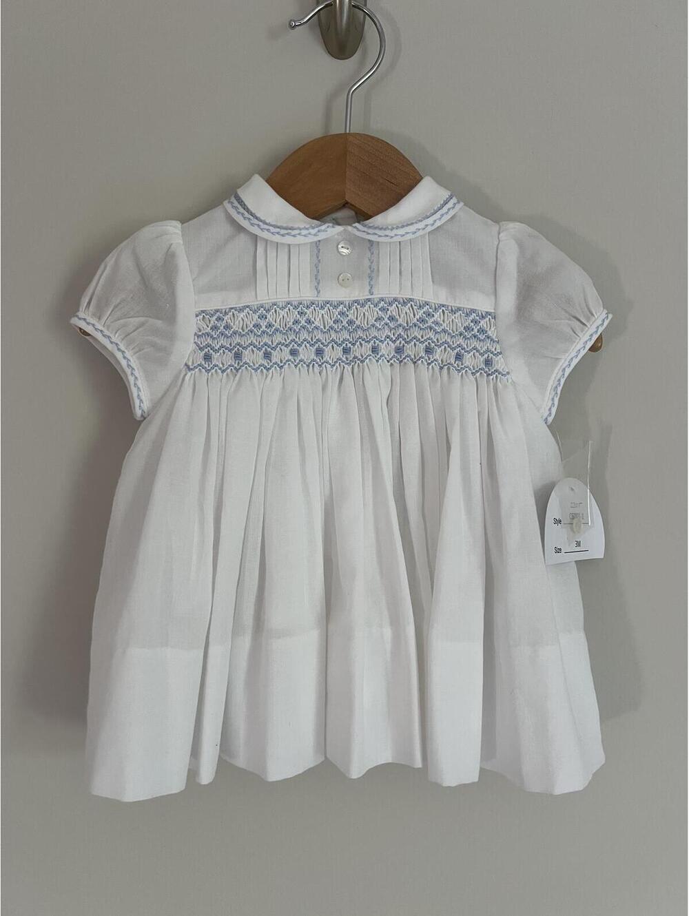 NWT Vintage Sarah Louise Hand-Smocked Baby Dress - Size 3M - Heirloom White/Blue